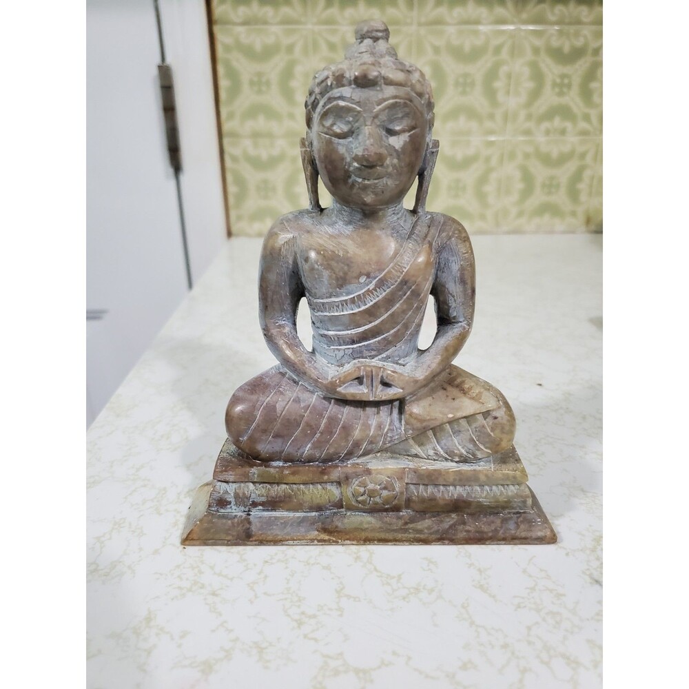 Hand Carved Soapstone Buddha Sculpture Figurine Antique 6" Seated Praying